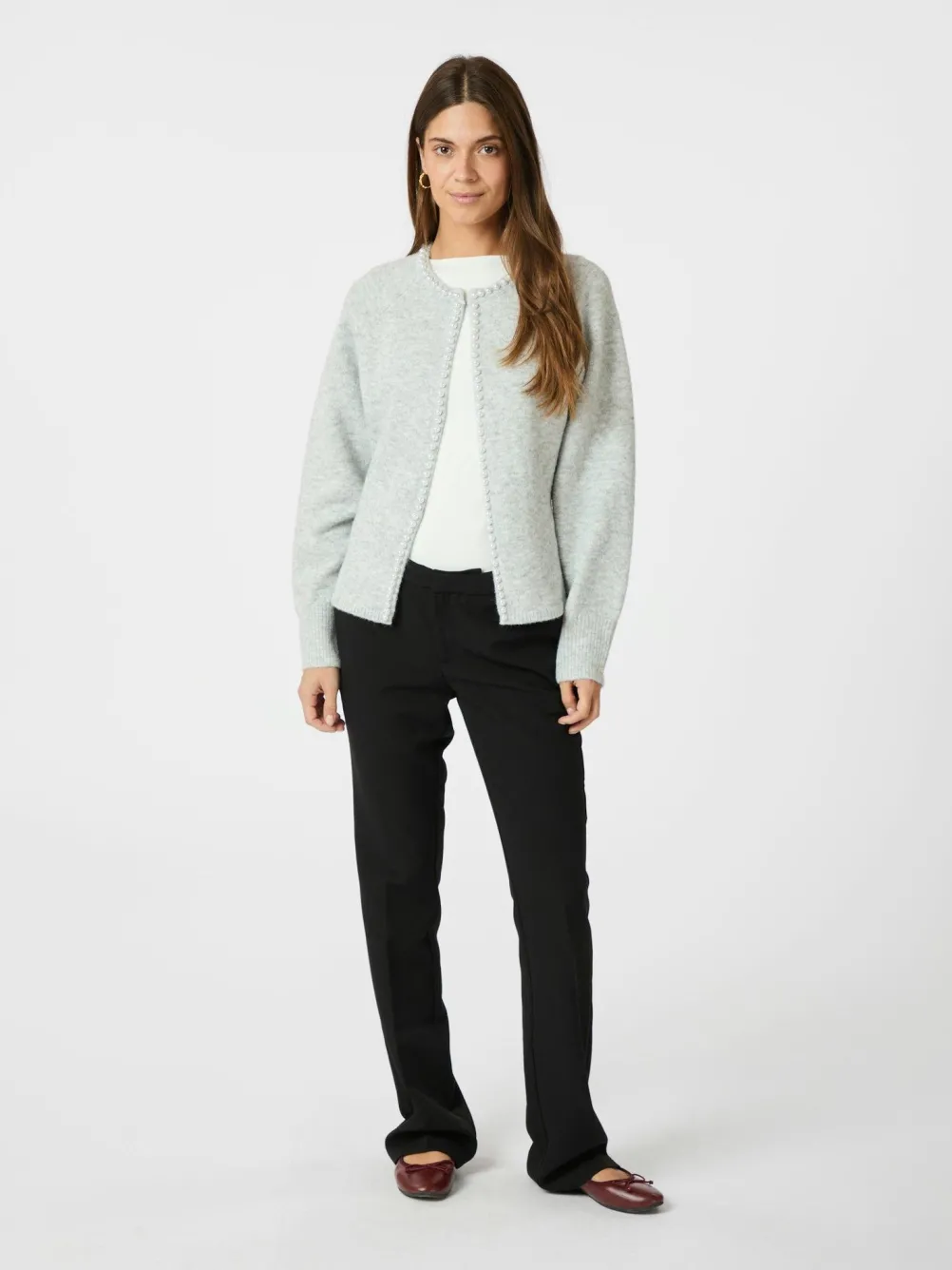 NEO NOIR Lilly Pearl Knit Cardigan Light Grey Melange